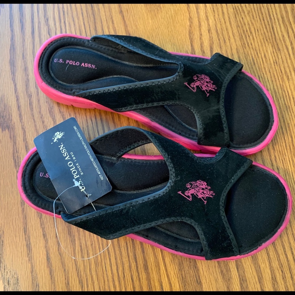 Polo Sandals, black sandals, black and pink